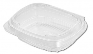 Ceci est un contenant rectangulaire transparent en APET avec un couvercle à charnière, doté d’un profil plus plat par rapport à des modèles similaires. La surface lisse et brillante garantit une transparence optimale, idéale pour la présentation des aliments. La base nervurée ajoute une solidité structurelle et aide à stabiliser le contenu. Les parois sont doucement courbées et se rétrécissent vers un fond plat et stable. Le couvercle attaché est muni d’une fermeture à pression pour assurer une étanchéité parfaite, préservant la fraîcheur et évitant les déversements. Le design peu profond et épuré convient parfaitement aux emballages alimentaires à emporter ou aux petites portions.